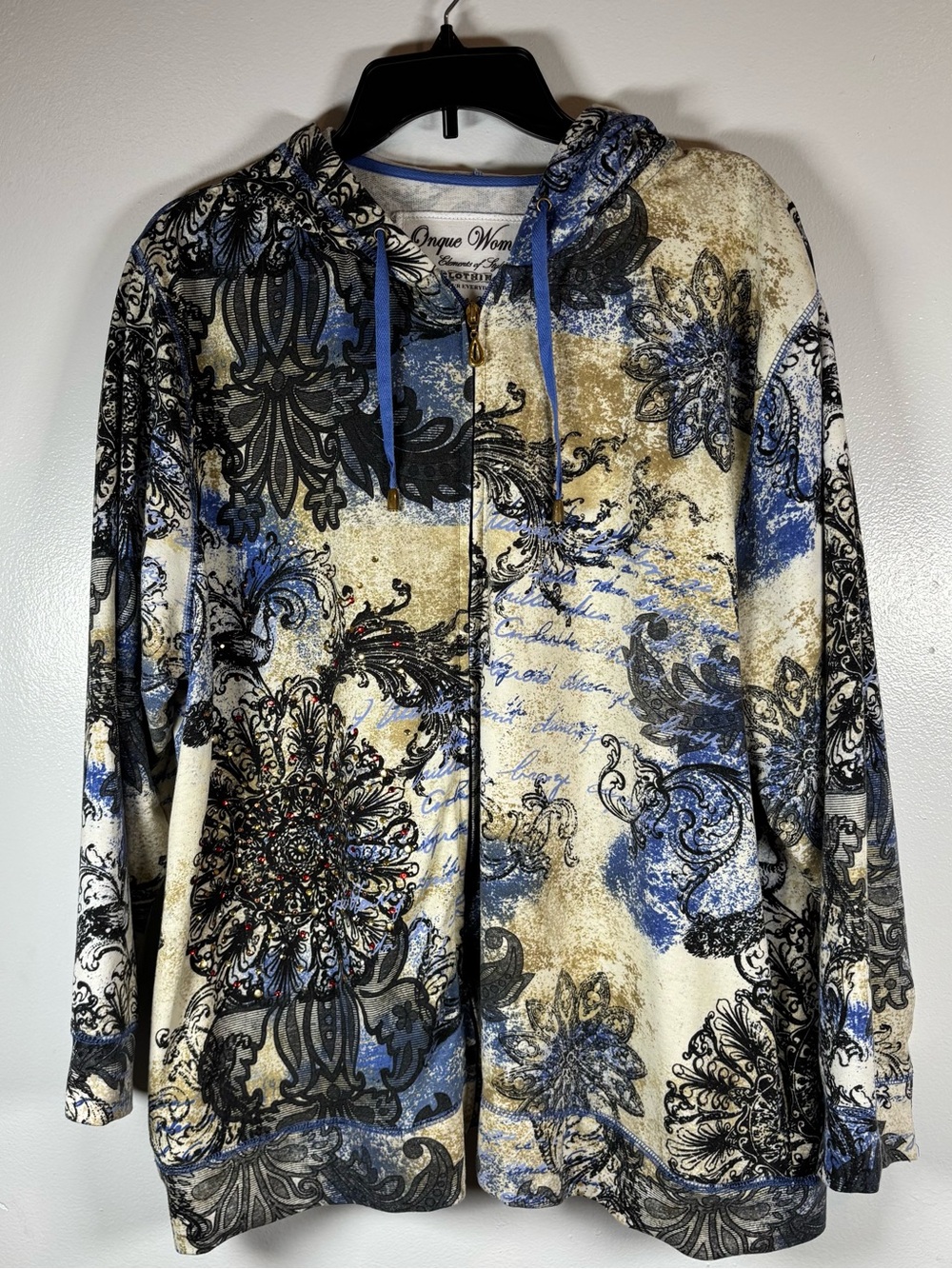 Onque Woman Zip Up Hoodie Sweatshirt 2X Pockets Stretch Floral Rhinestone Artsy